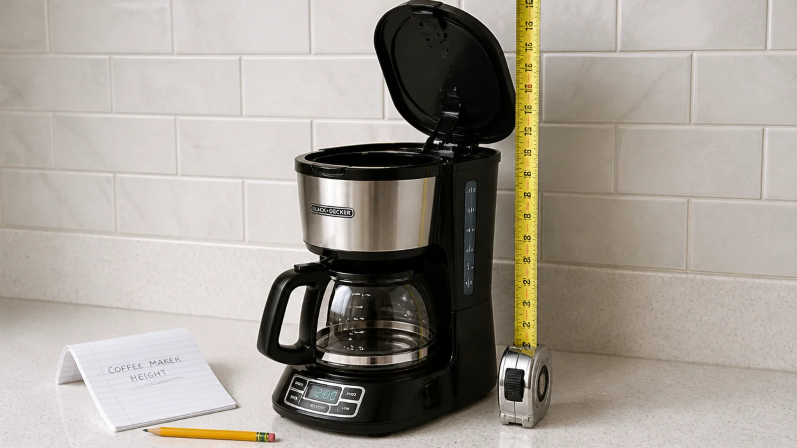tape measure held against a coffee machine with its top lid lifted