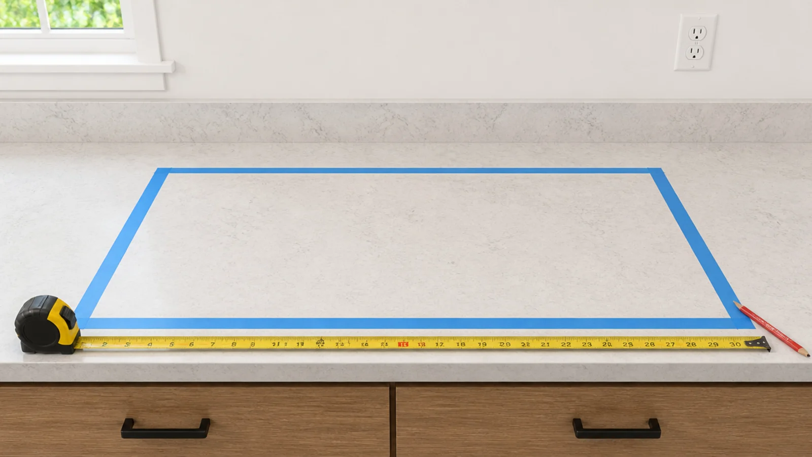 painters tape marking a thirty inch coffee bar footprint on a counter
