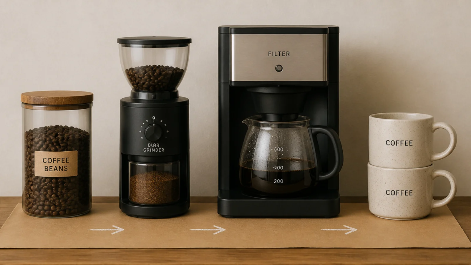 coffee bar laid out left to right from beans through grinder to mugs