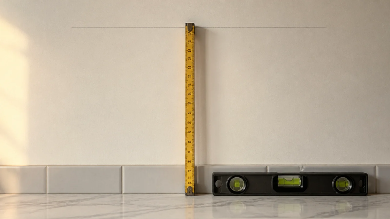 pencil line marked eighteen inches above a counter for a coffee shelf
