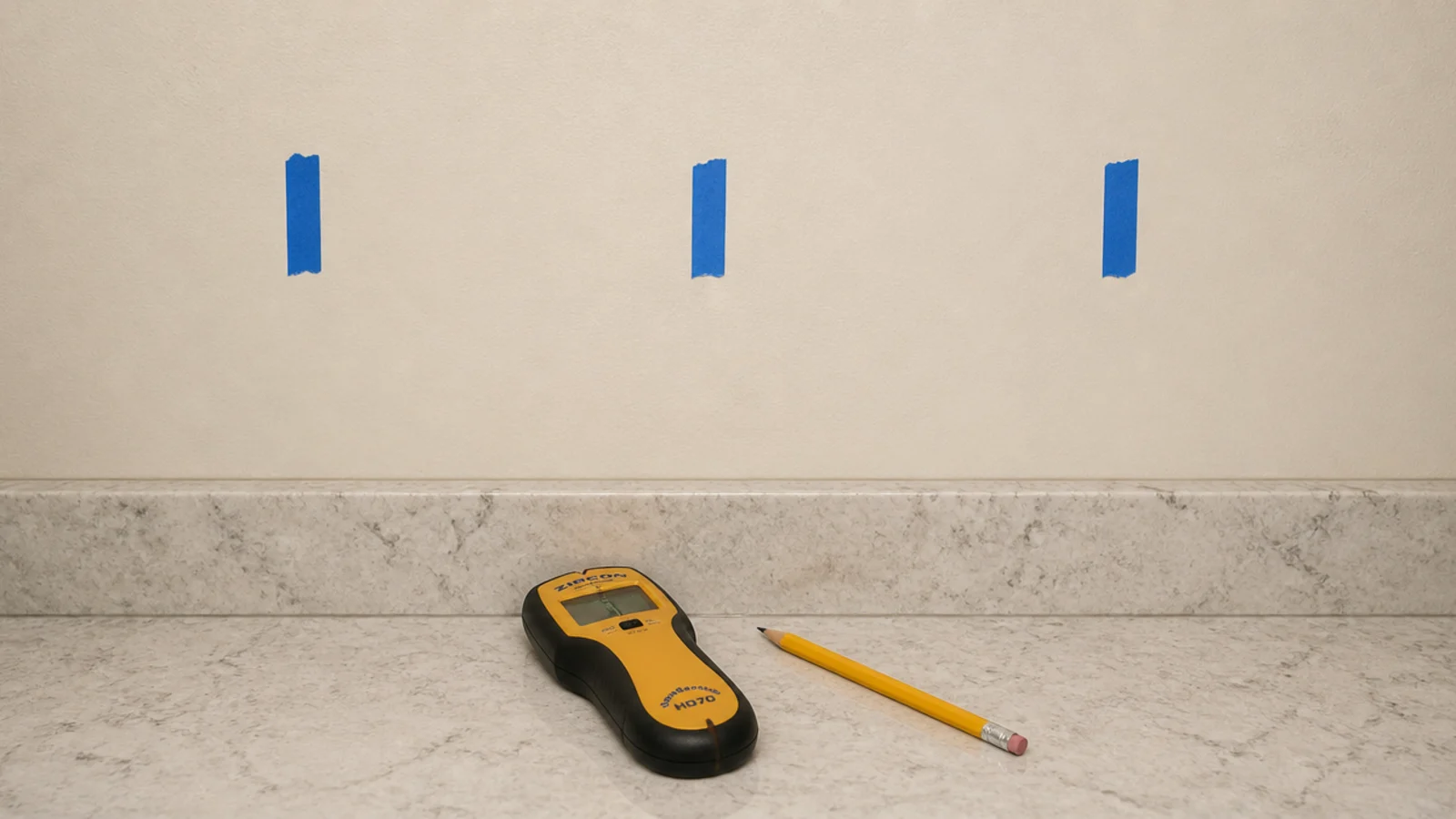 painters tape marks showing stud locations above a kitchen counter