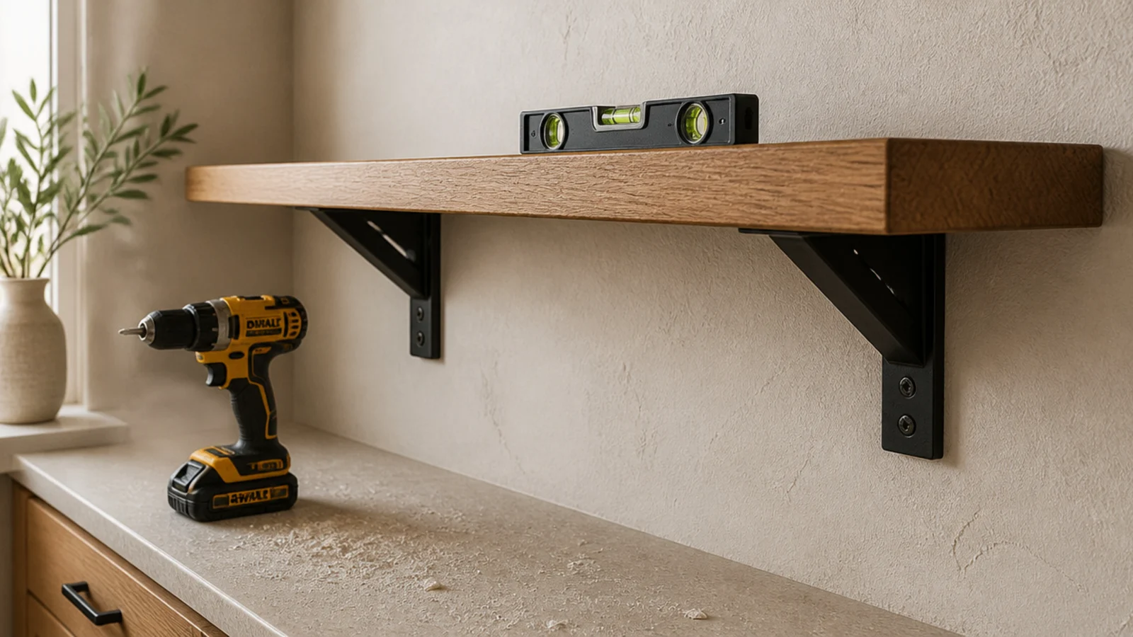 oak shelf being levelled on black brackets above a coffee machine