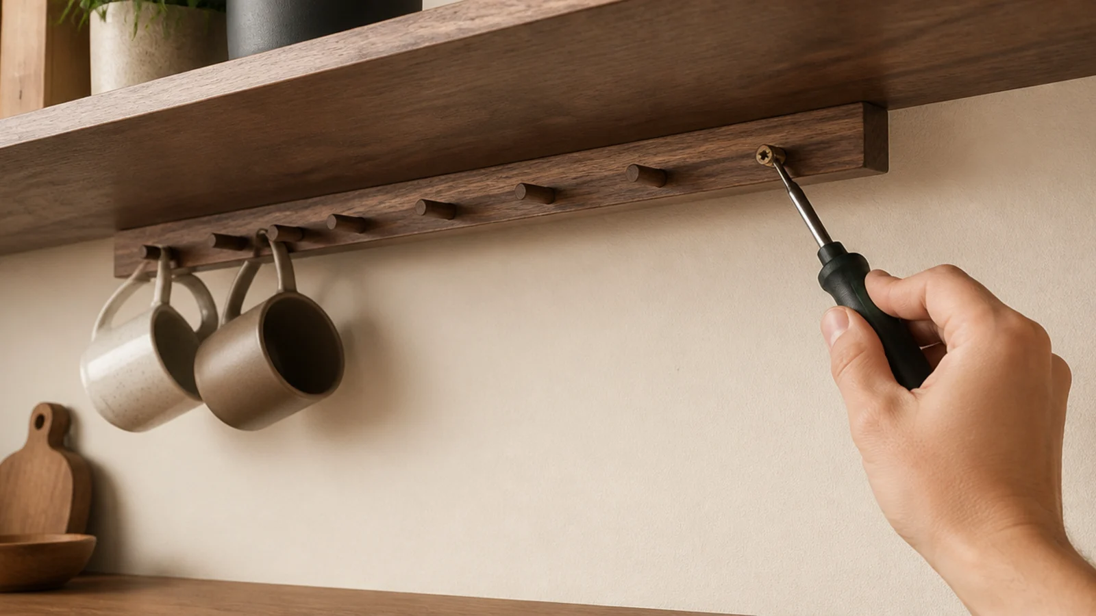 peg rail being screwed to the underside of a coffee bar shelf
