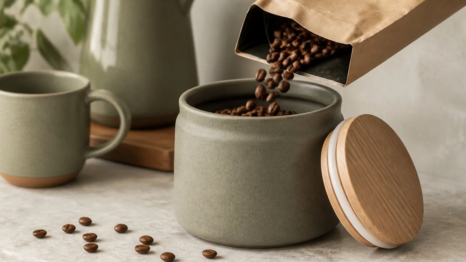 whole beans being poured into an opaque airtight coffee canister