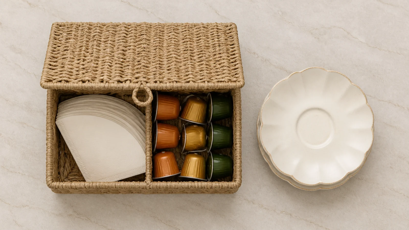 lidded woven box holding filters and pods beside a coffee station