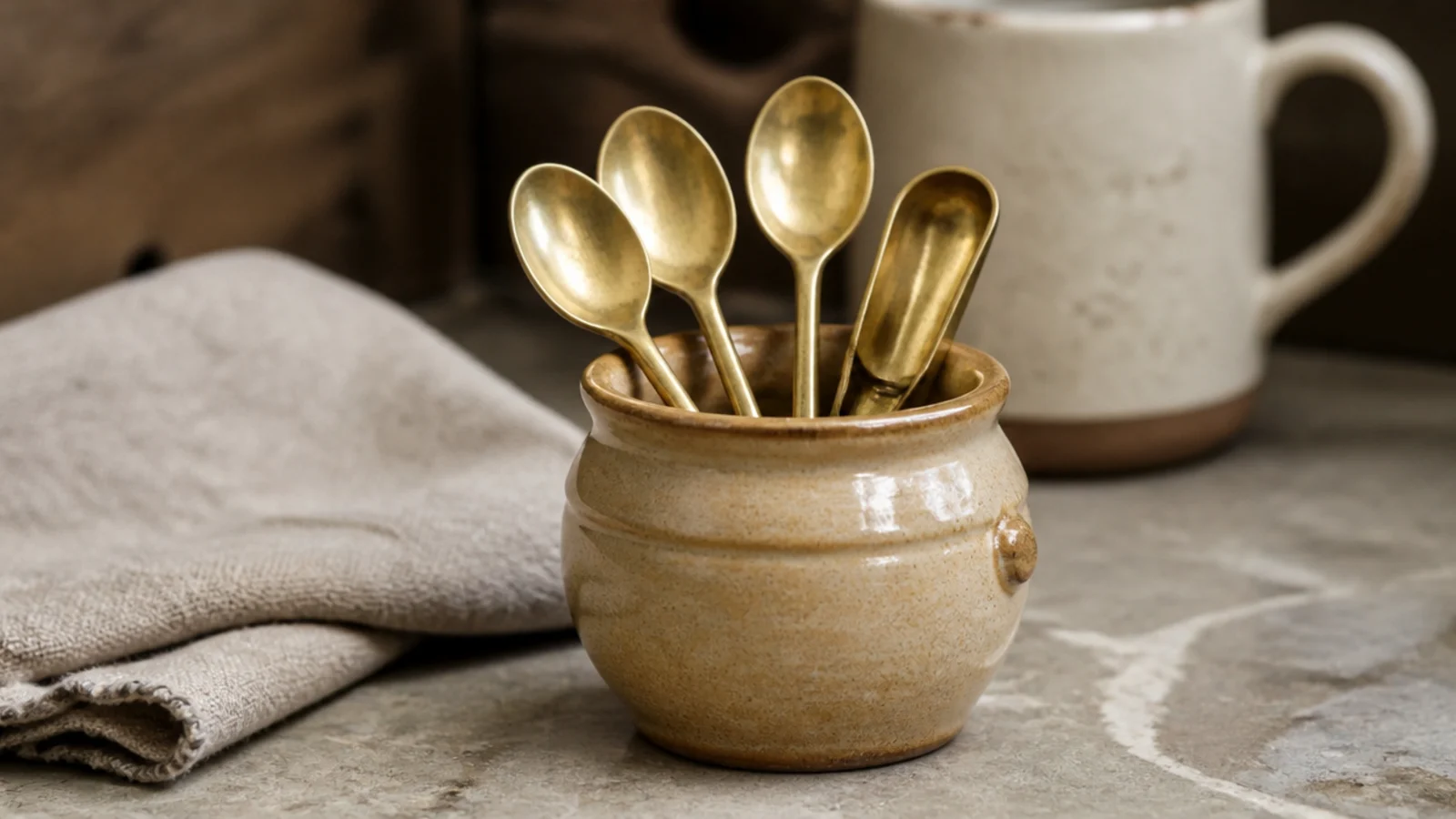small stoneware crock holding coffee spoons on a counter station