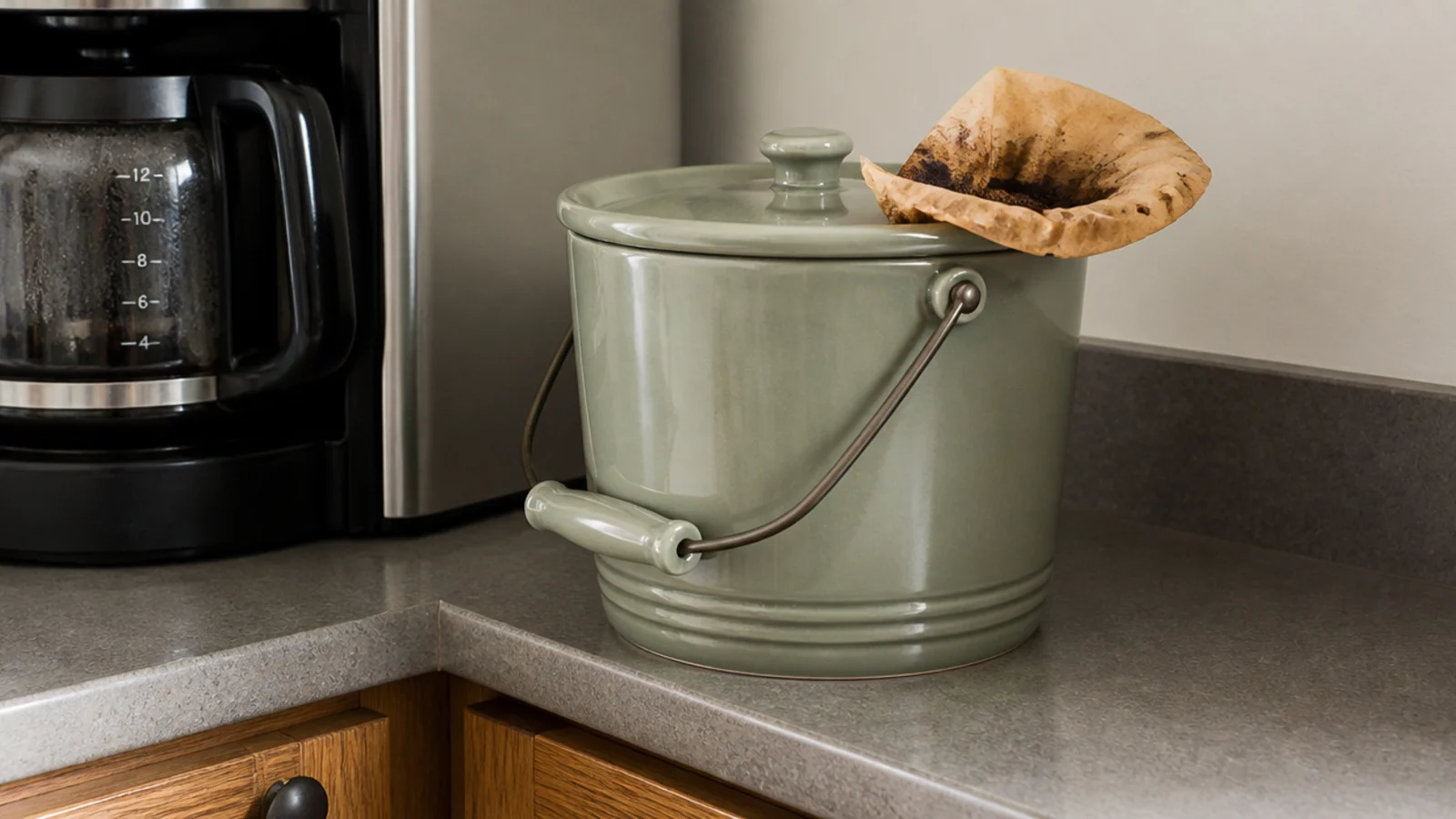 small lidded compost pail beside a coffee bar for used grounds