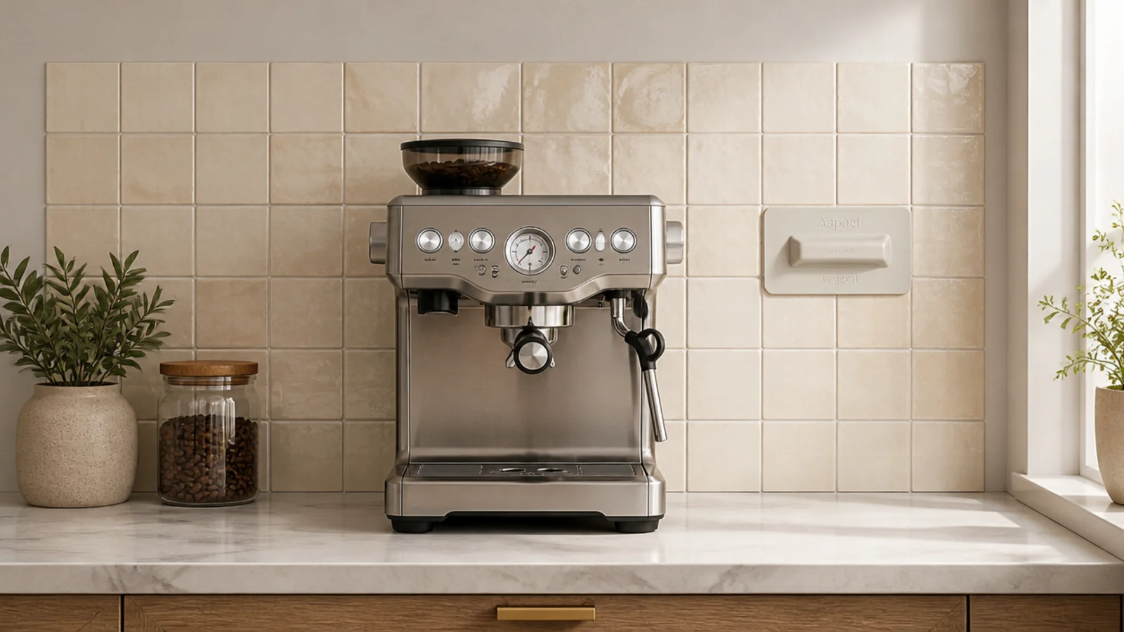 peel and stick tile backsplash behind a small home coffee bar