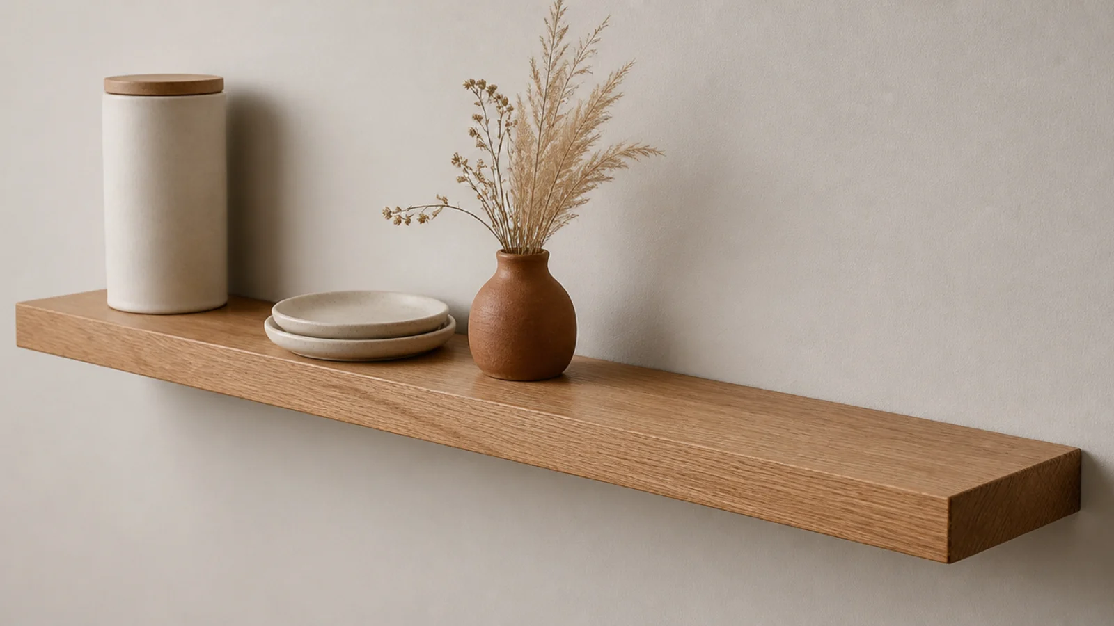 styled coffee bar shelf with canister stacked cups and dried stems