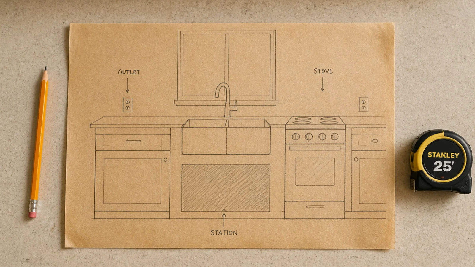 kitchen layout sketch showing coffee corner placement near sink and outlet