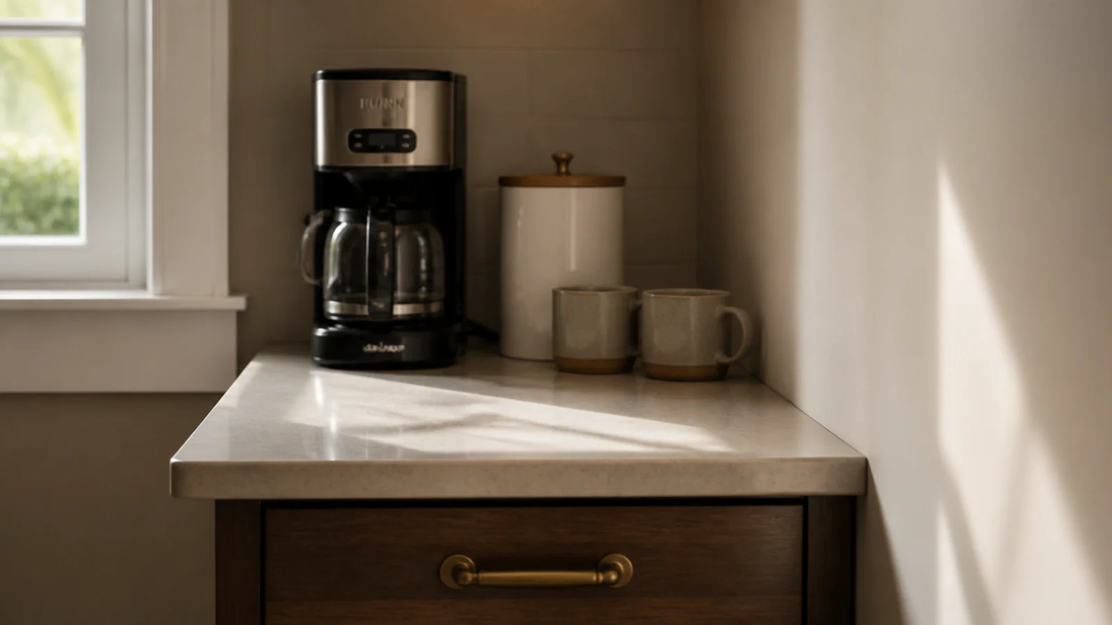 coffee station occupying the last thirty inches of a kitchen counter