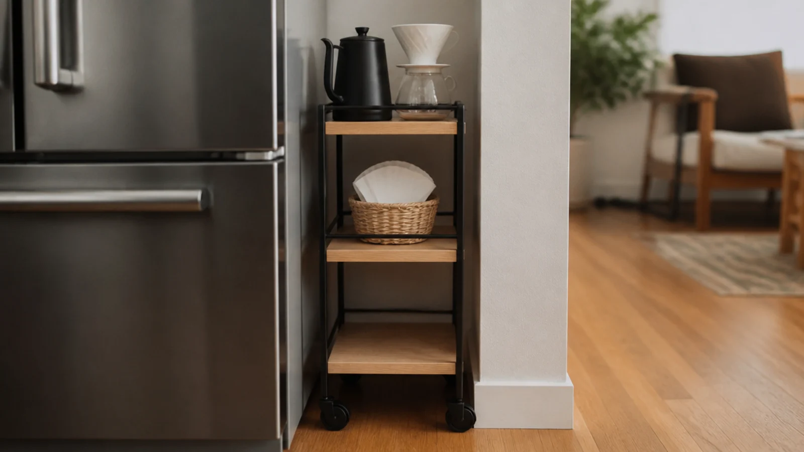 narrow coffee cart filling the eighteen inch gap beside a fridge