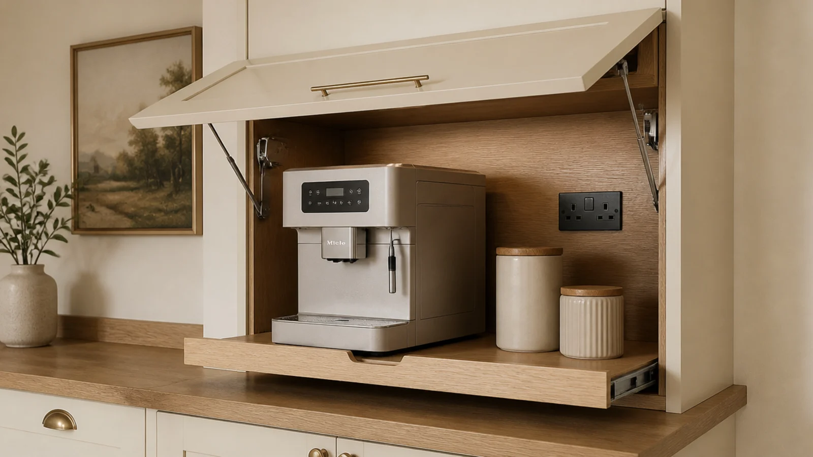 appliance garage cabinet opened to show a hidden kitchen coffee corner