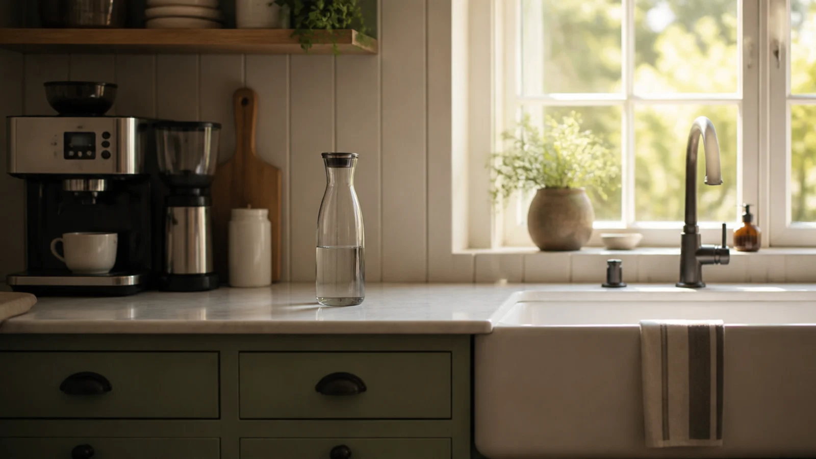 coffee corner positioned a few steps from a kitchen sink and faucet