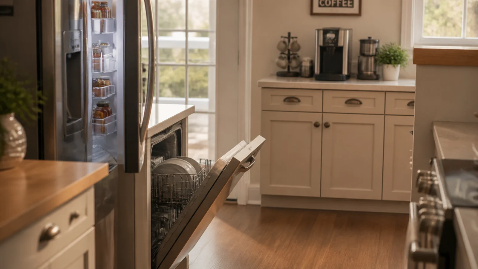 coffee corner placed clear of fridge and dishwasher door swings