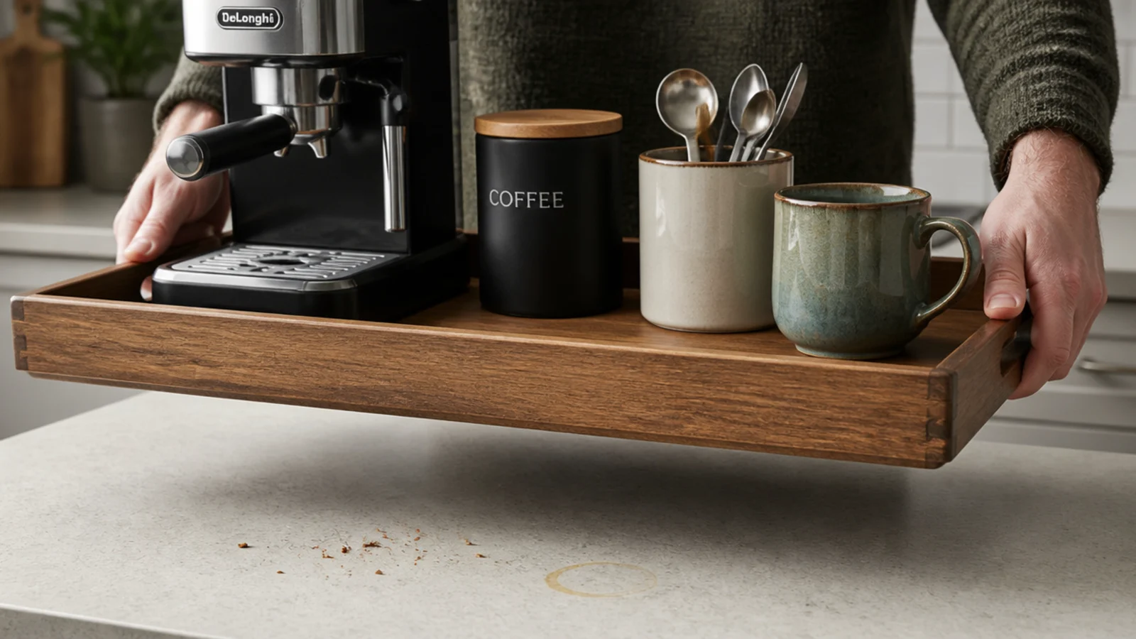 entire kitchen coffee corner assembled on a single lift out tray