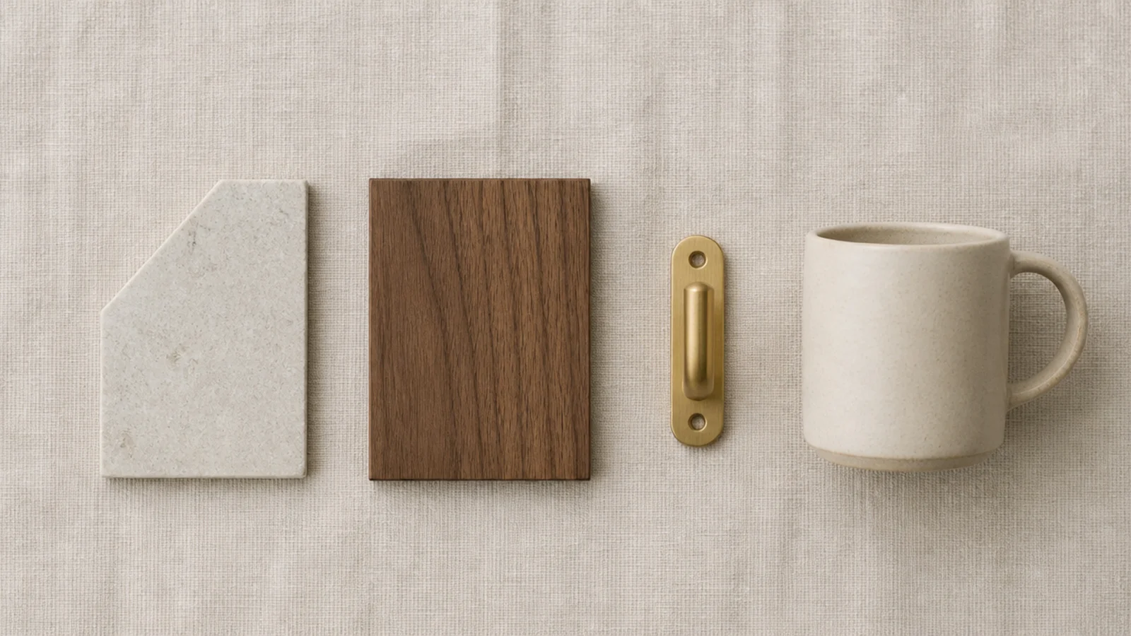material samples for a small coffee corner laid on a linen surface
