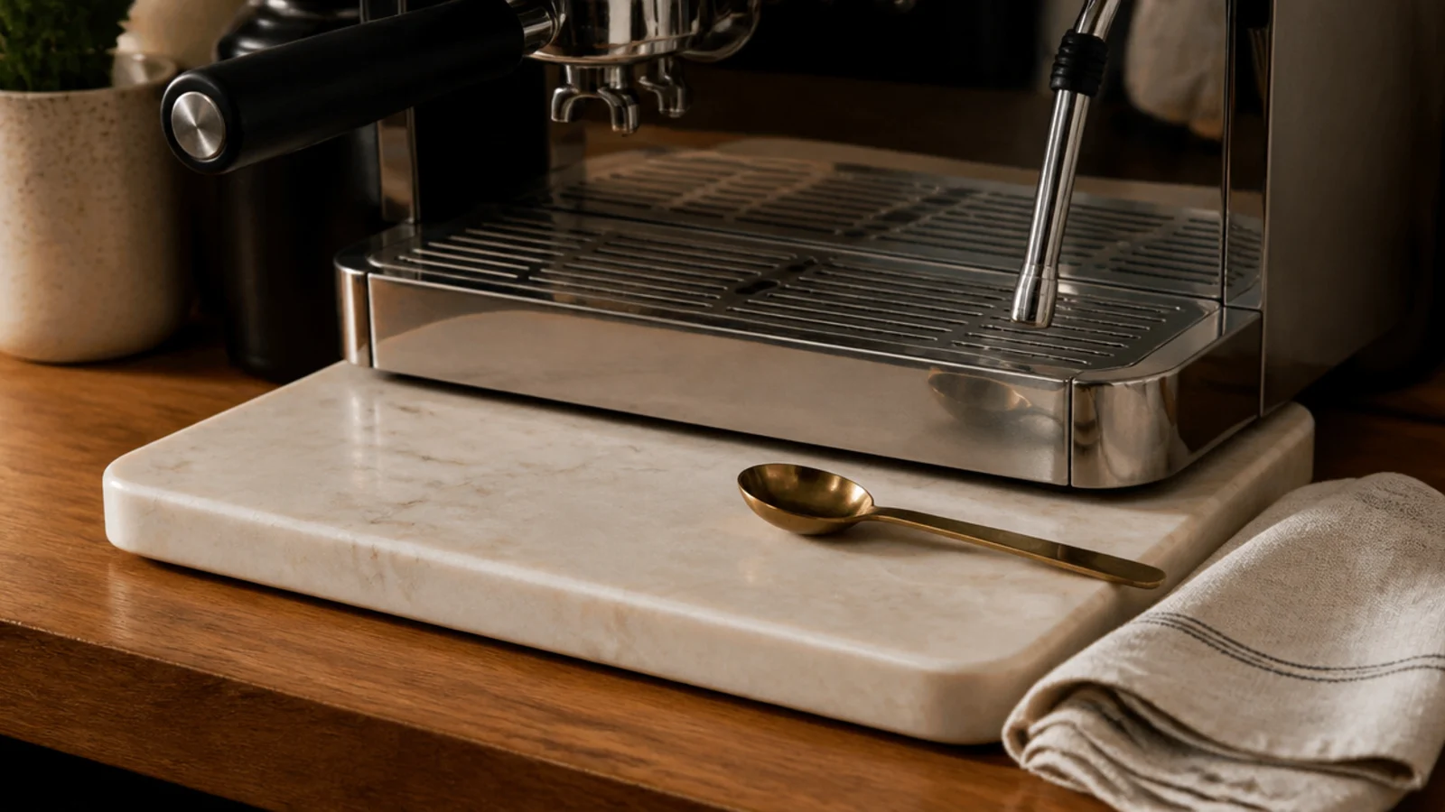 honed marble remnant used as a tray under a small coffee machine