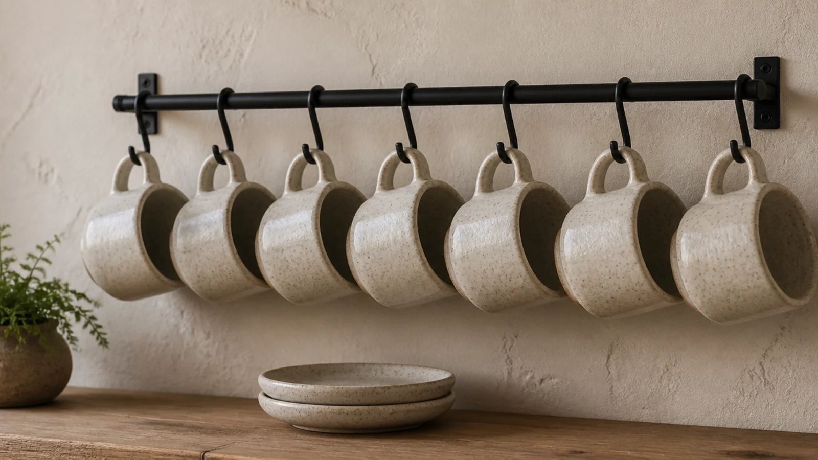 six matching stoneware mugs hanging above a small coffee corner