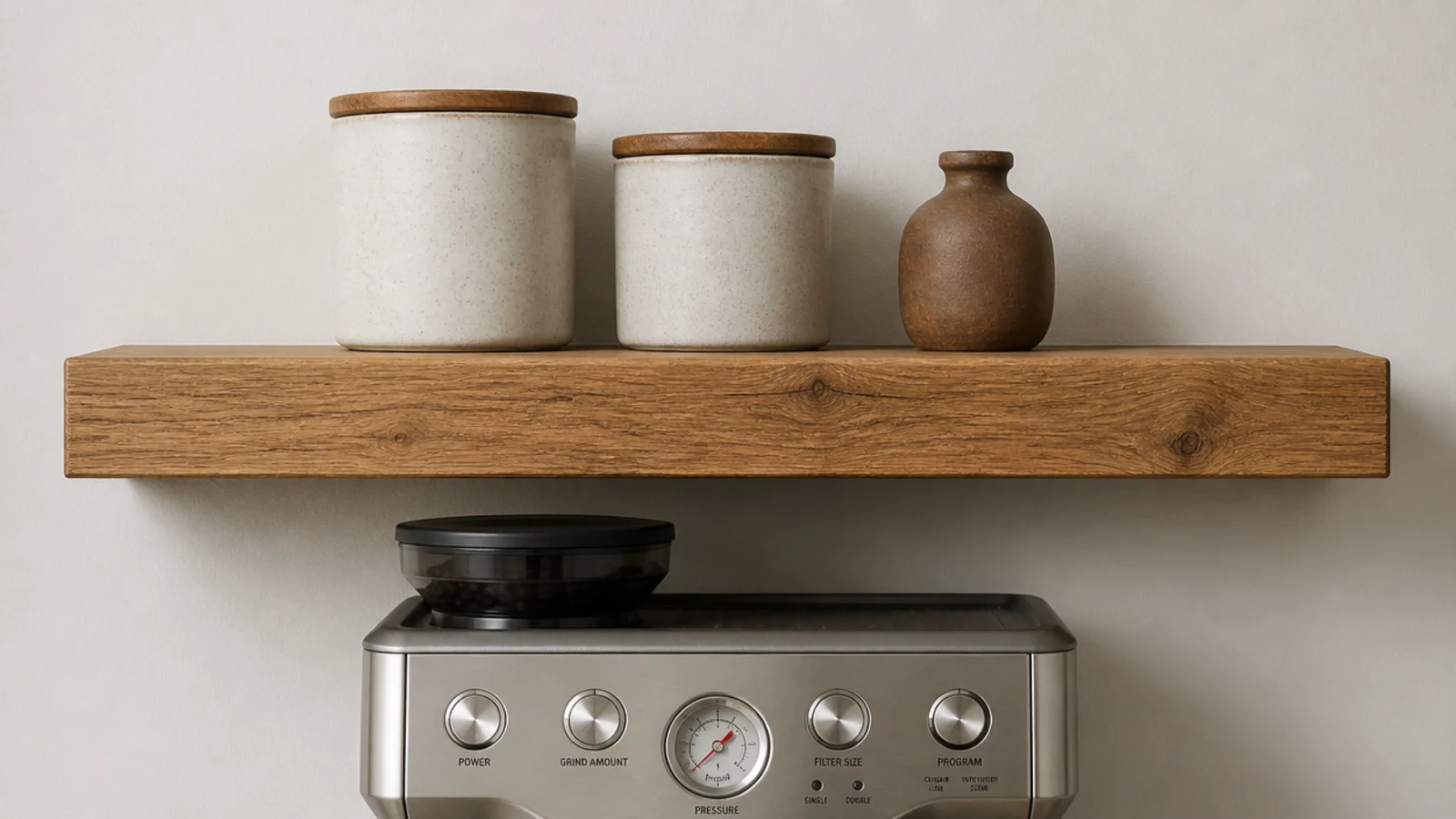 thick edged oak shelf above a compact coffee corner on a counter