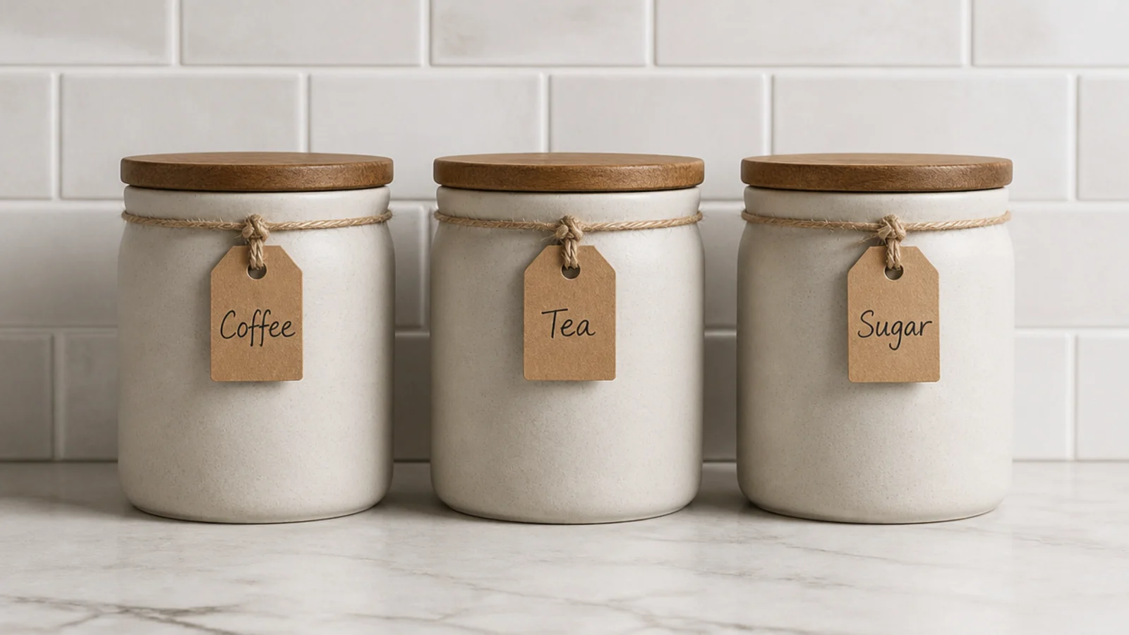 matching ceramic canisters replacing printed packaging at a coffee corner