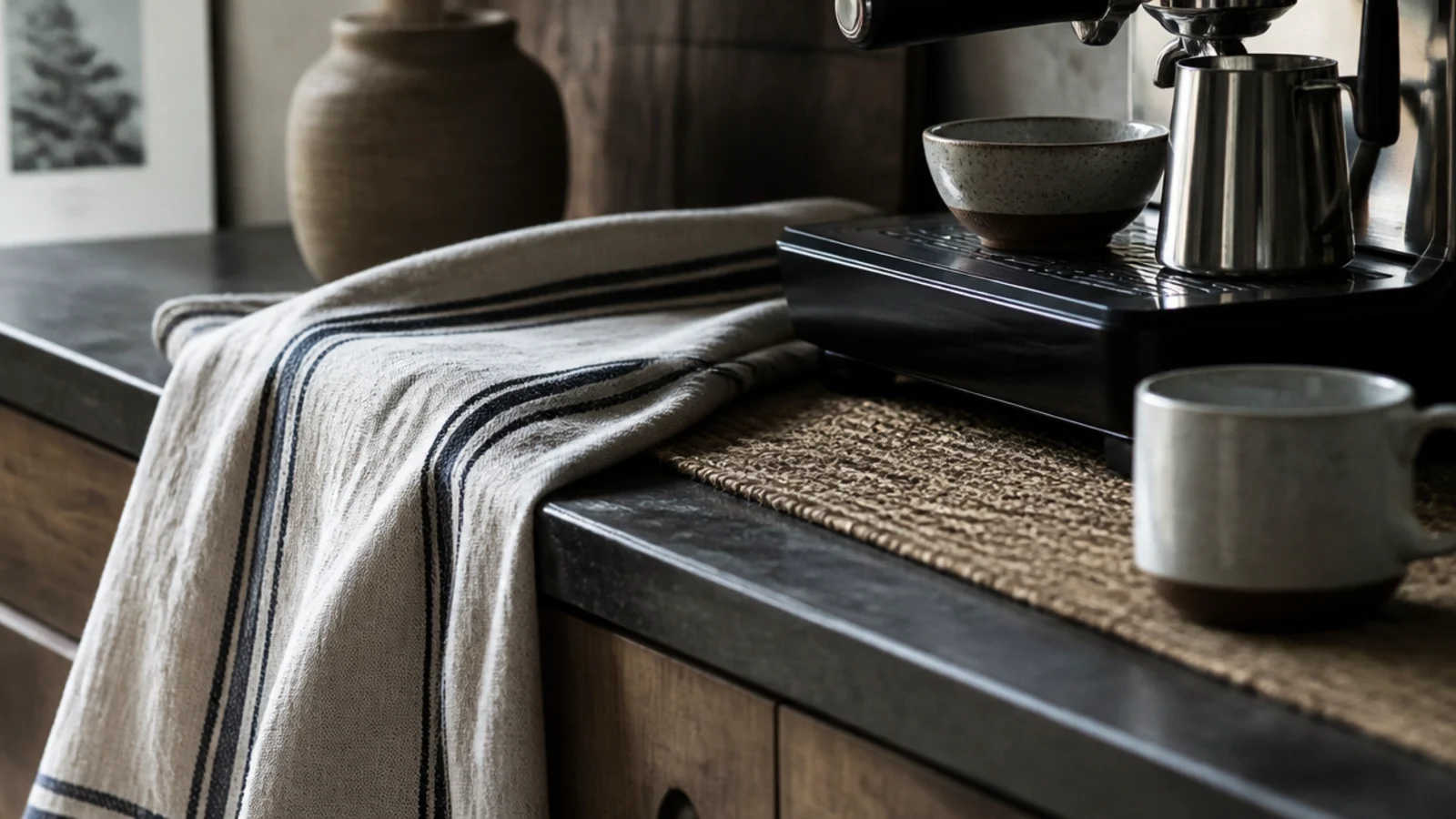 linen cloth and jute runner softening a small coffee corner counter