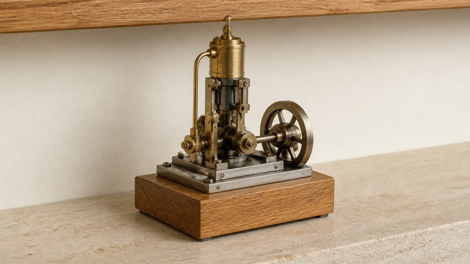 coffee machine standing on a low wooden plinth in a small corner