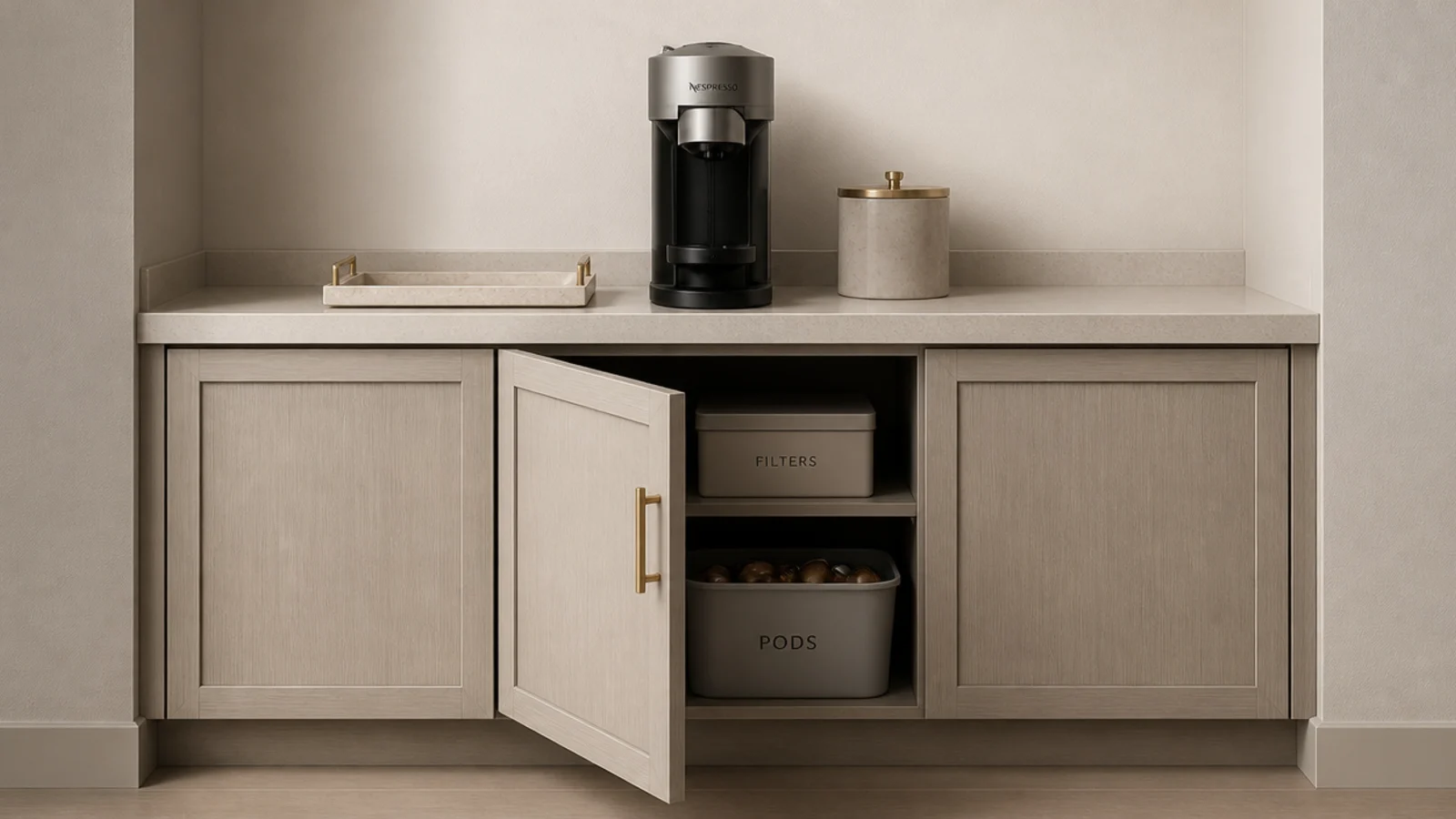 closed cabinet below a small coffee corner hiding filters and pods