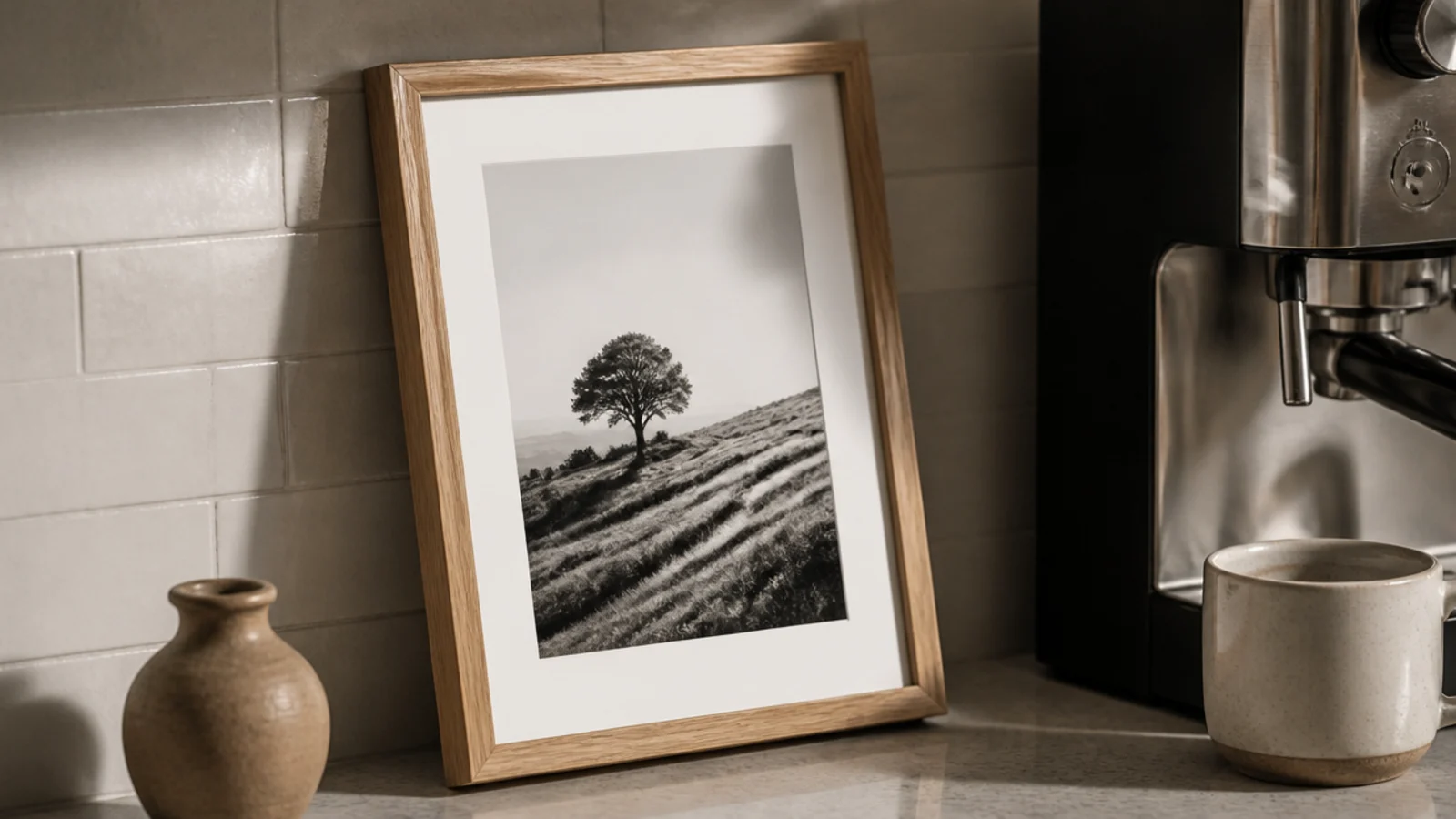 framed print leaning behind a small coffee corner on a counter
