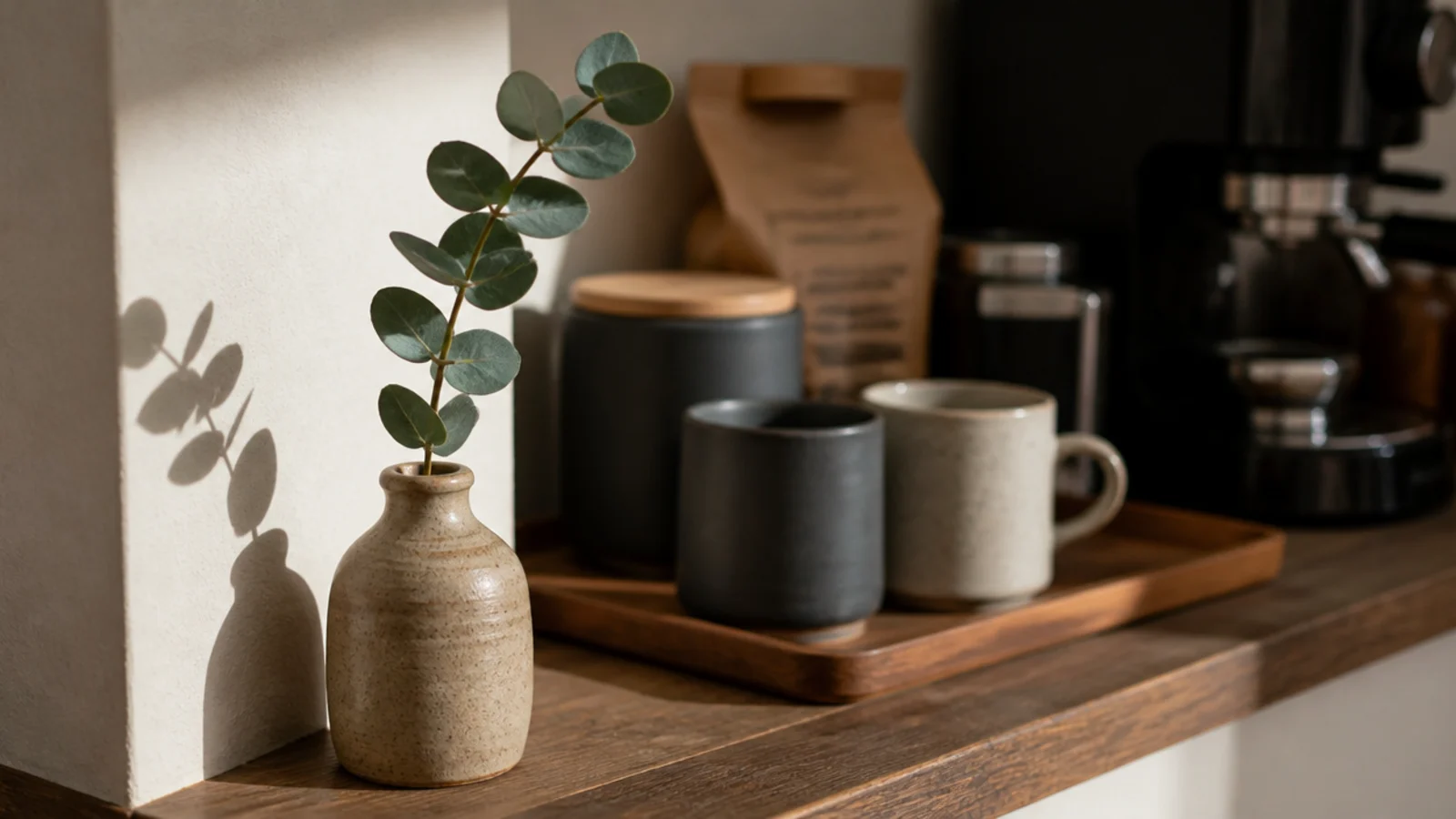 single eucalyptus stem in a clay vessel beside a cozy coffee corner
