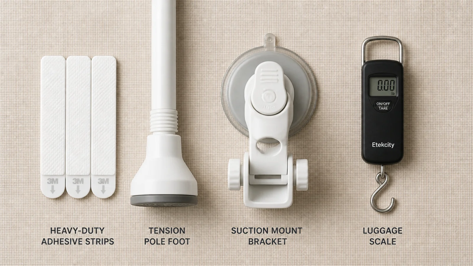 adhesive strips tension pole and suction mount laid out for comparison