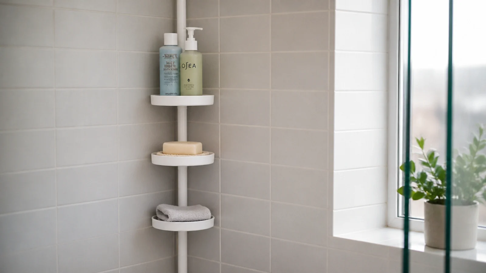 tension pole shower caddy standing in a tiled corner holding bottles