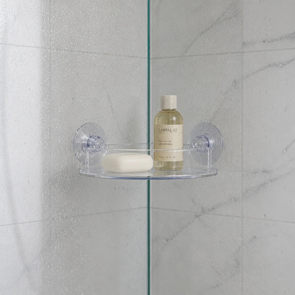 clear suction mounted corner shelf on shower glass holding soap