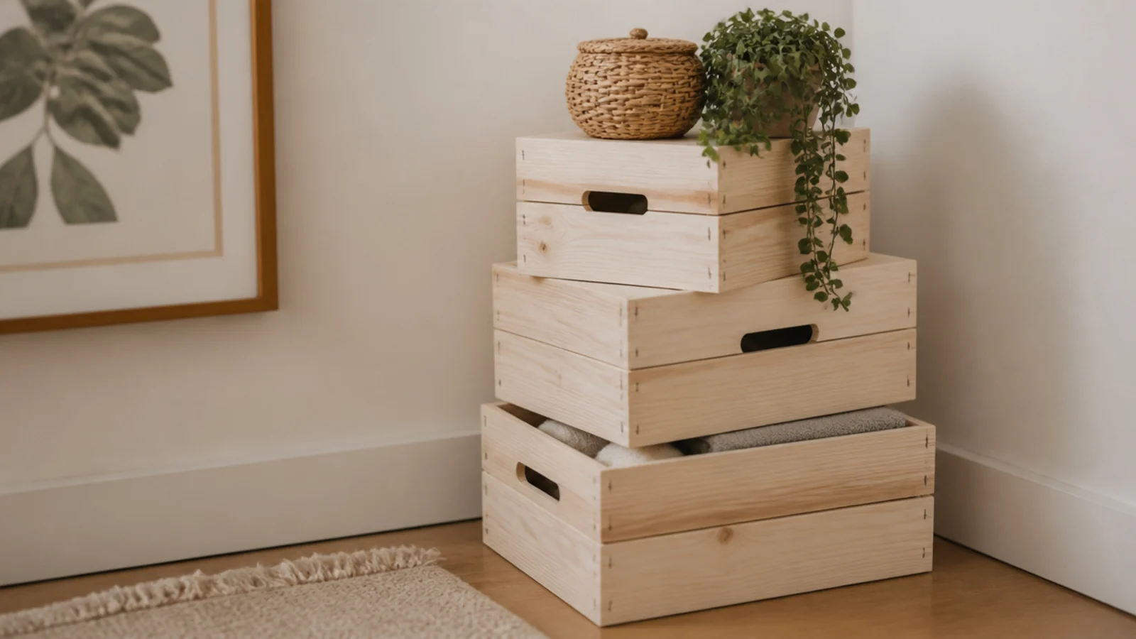 stacked wooden crates forming a corner shelf tower holding linens