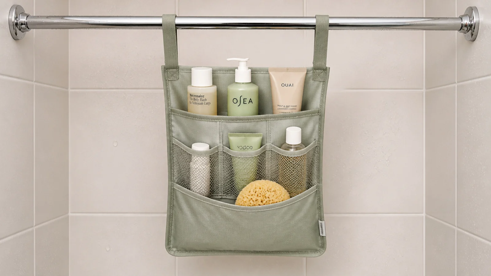 hanging caddy suspended from a shower rod in a tiled corner