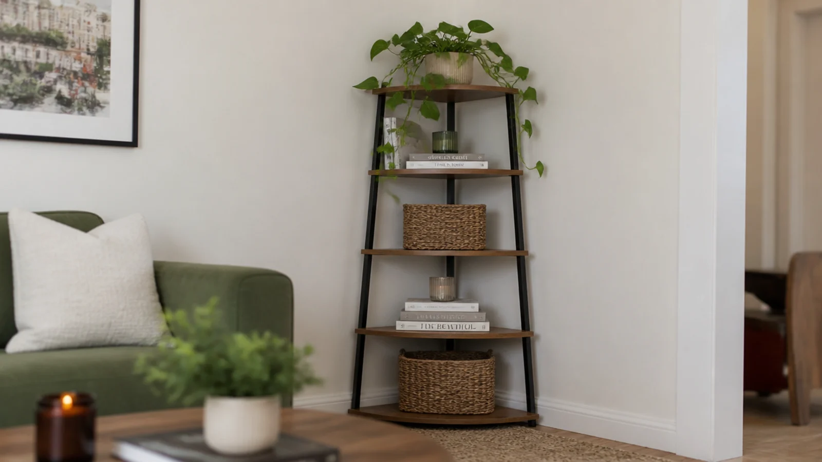 freestanding five tier corner etagere in a rental holding books and plants