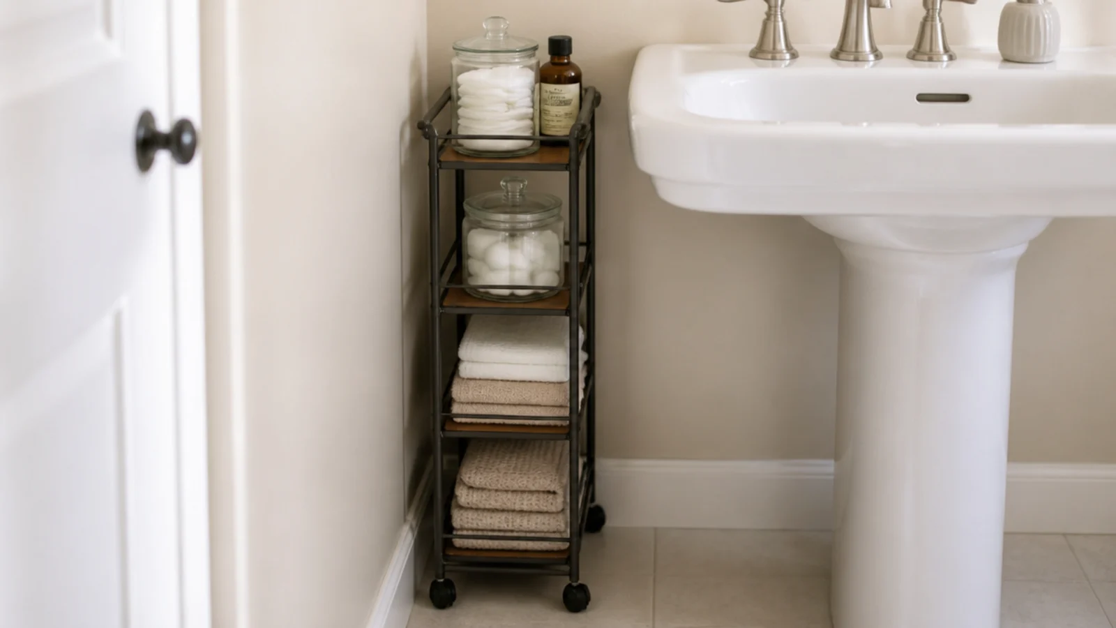 narrow rolling utility cart beside a bathroom basin holding jars