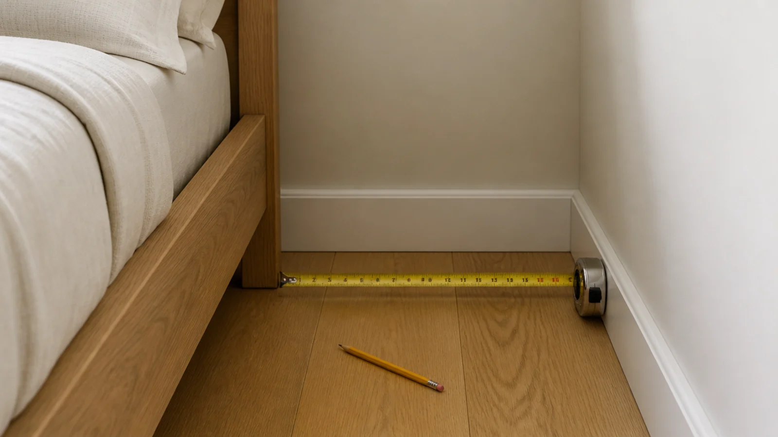 small bedroom corner measured with a tape showing the walkway beside a bed