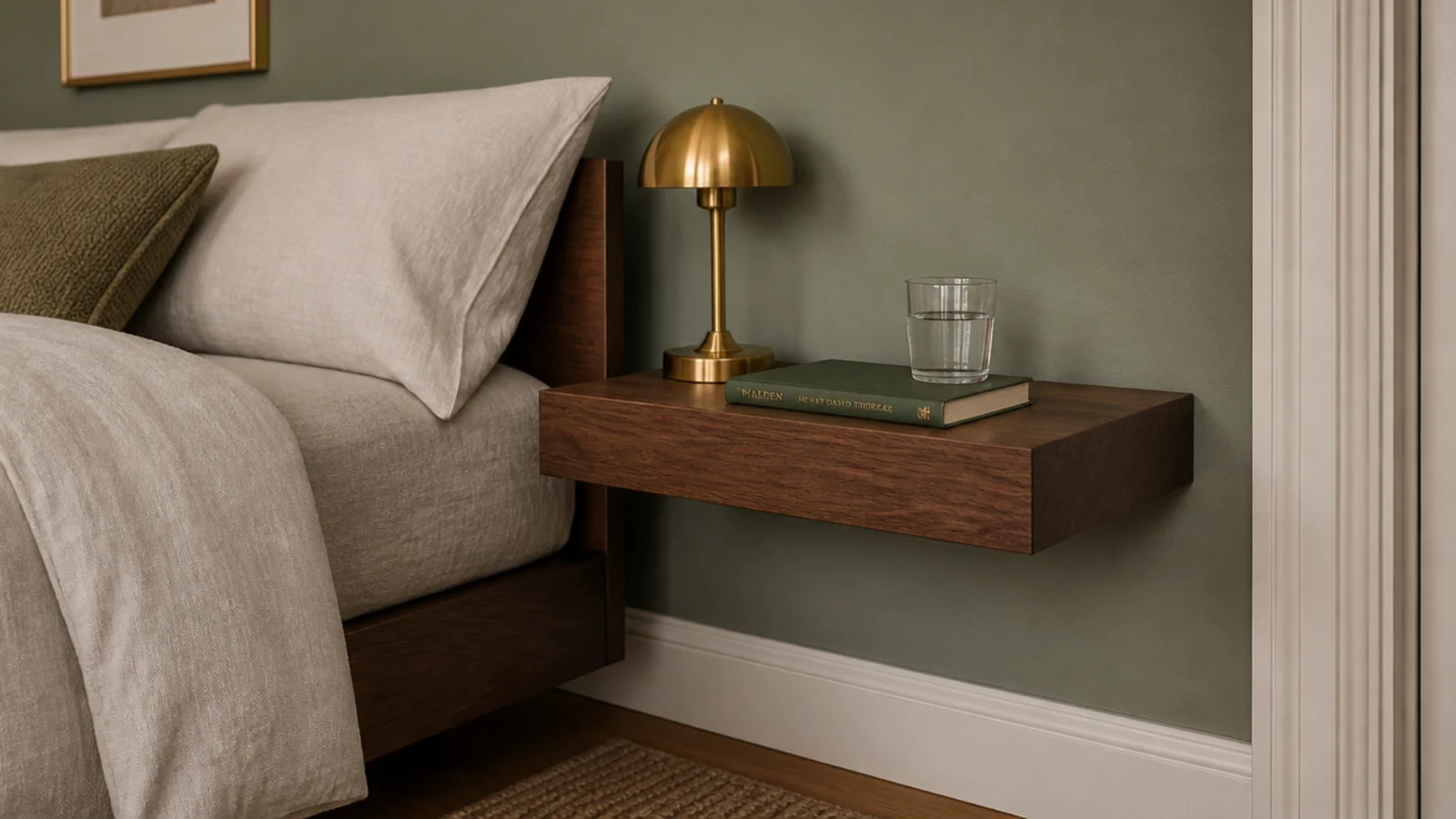 compact walnut corner shelf level with a mattress holding a lamp and book