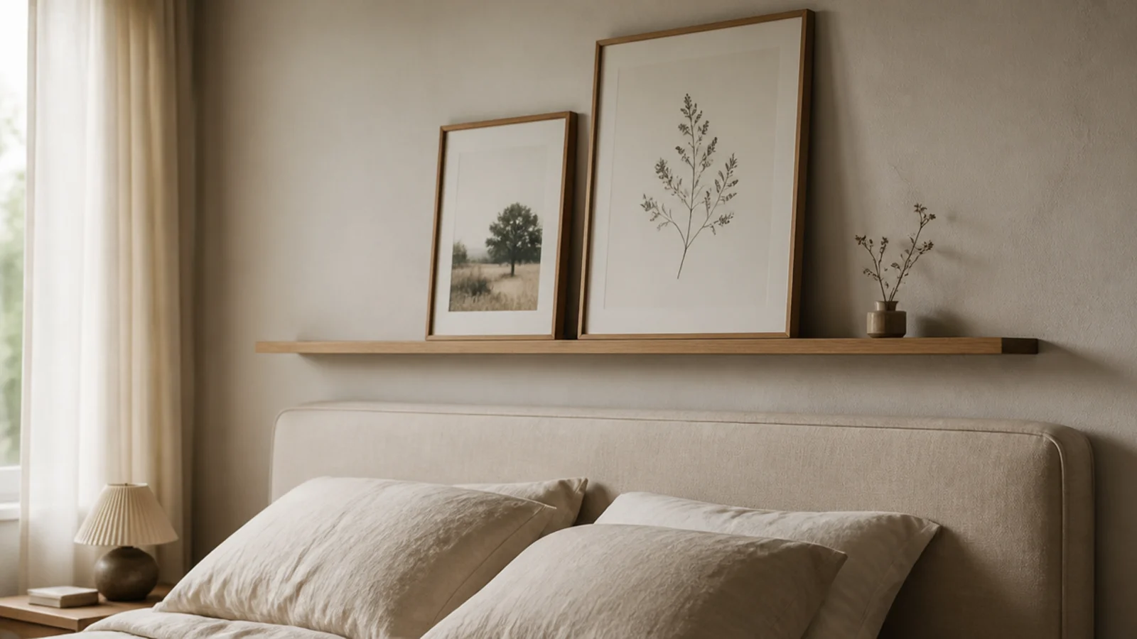 narrow picture ledge above a linen headboard holding leaning art prints