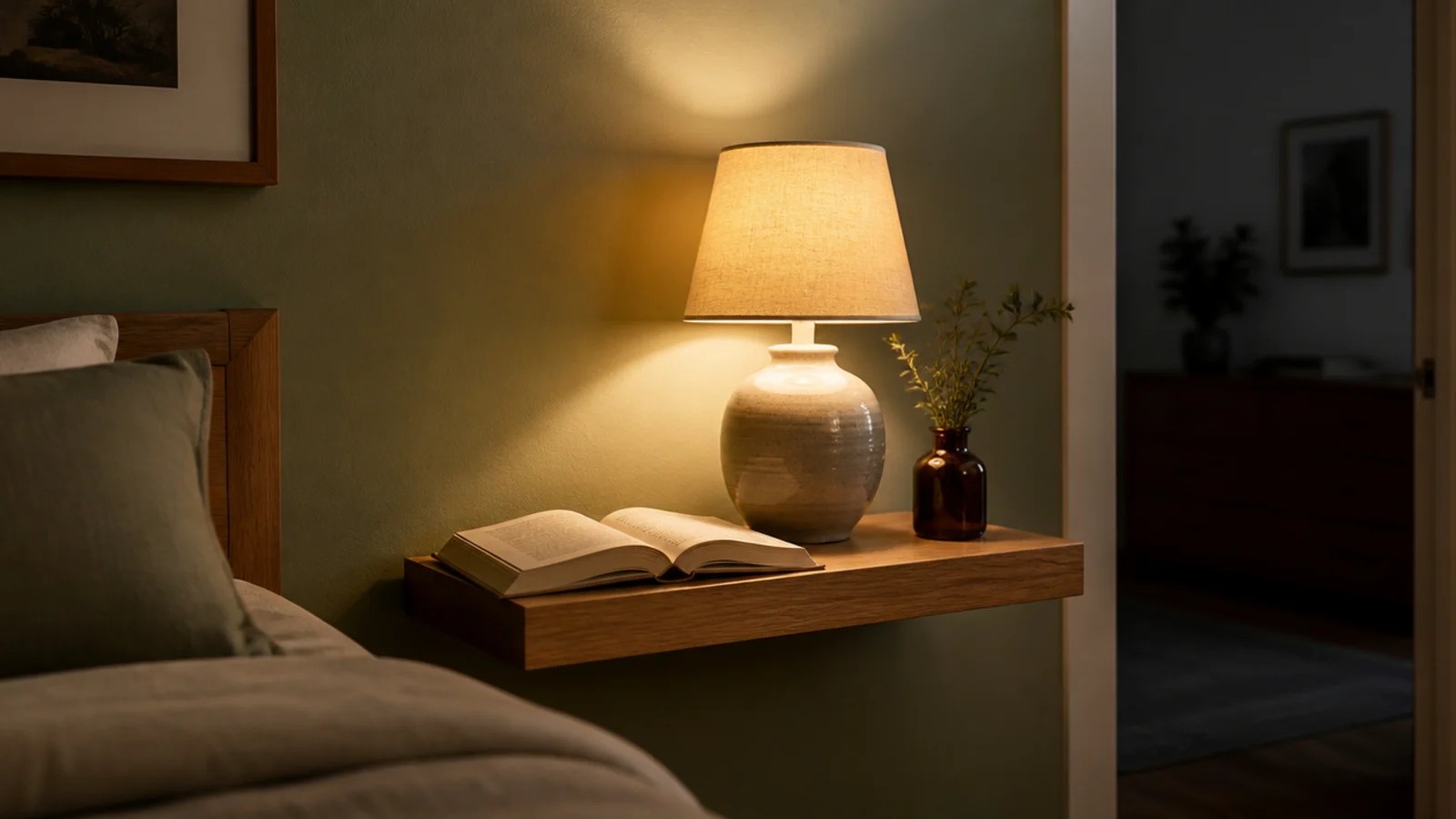 corner shelf holding a small warm reading lamp beside a made bed