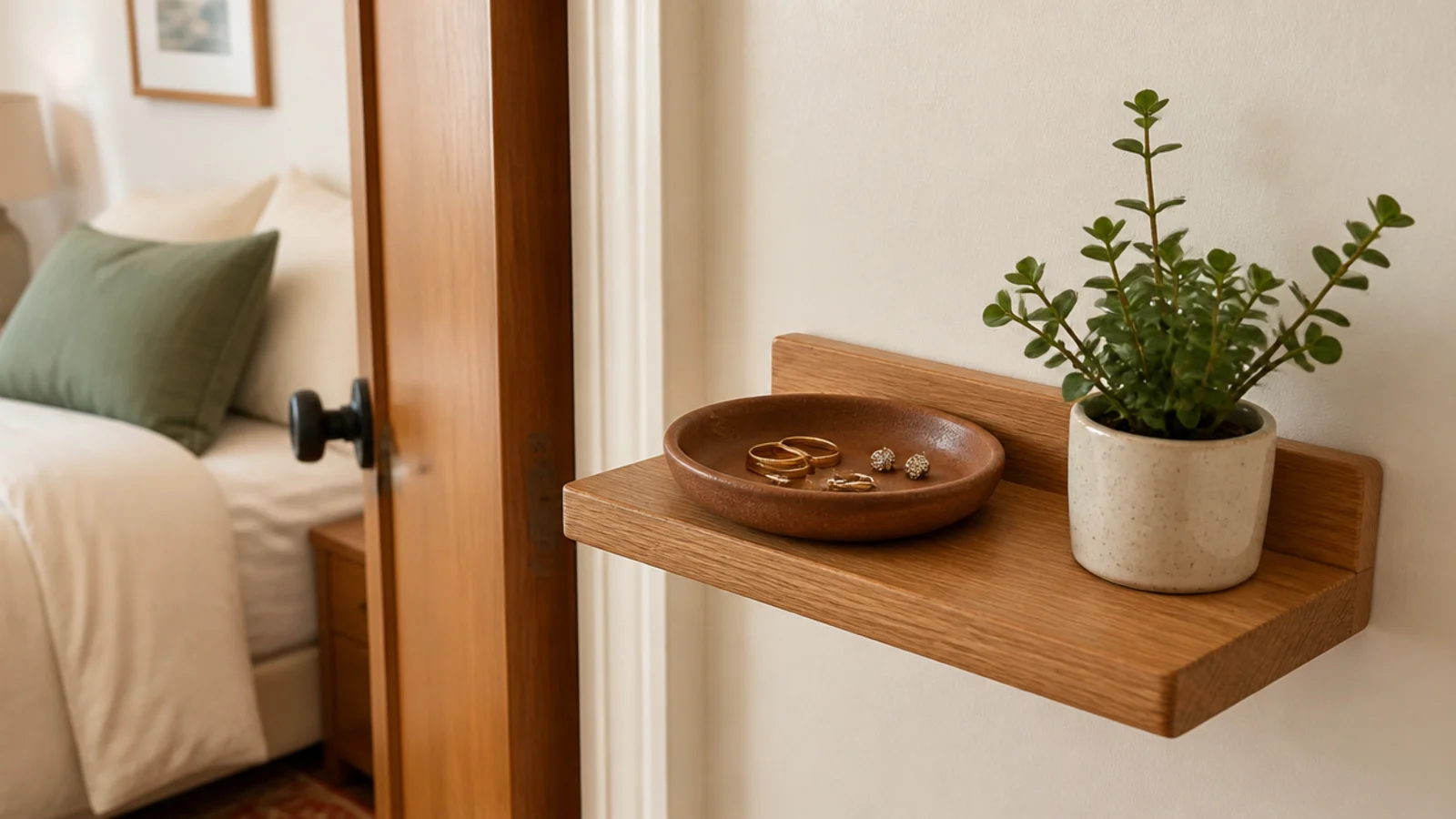 small corner shelf with a clay dish holding rings and earrings