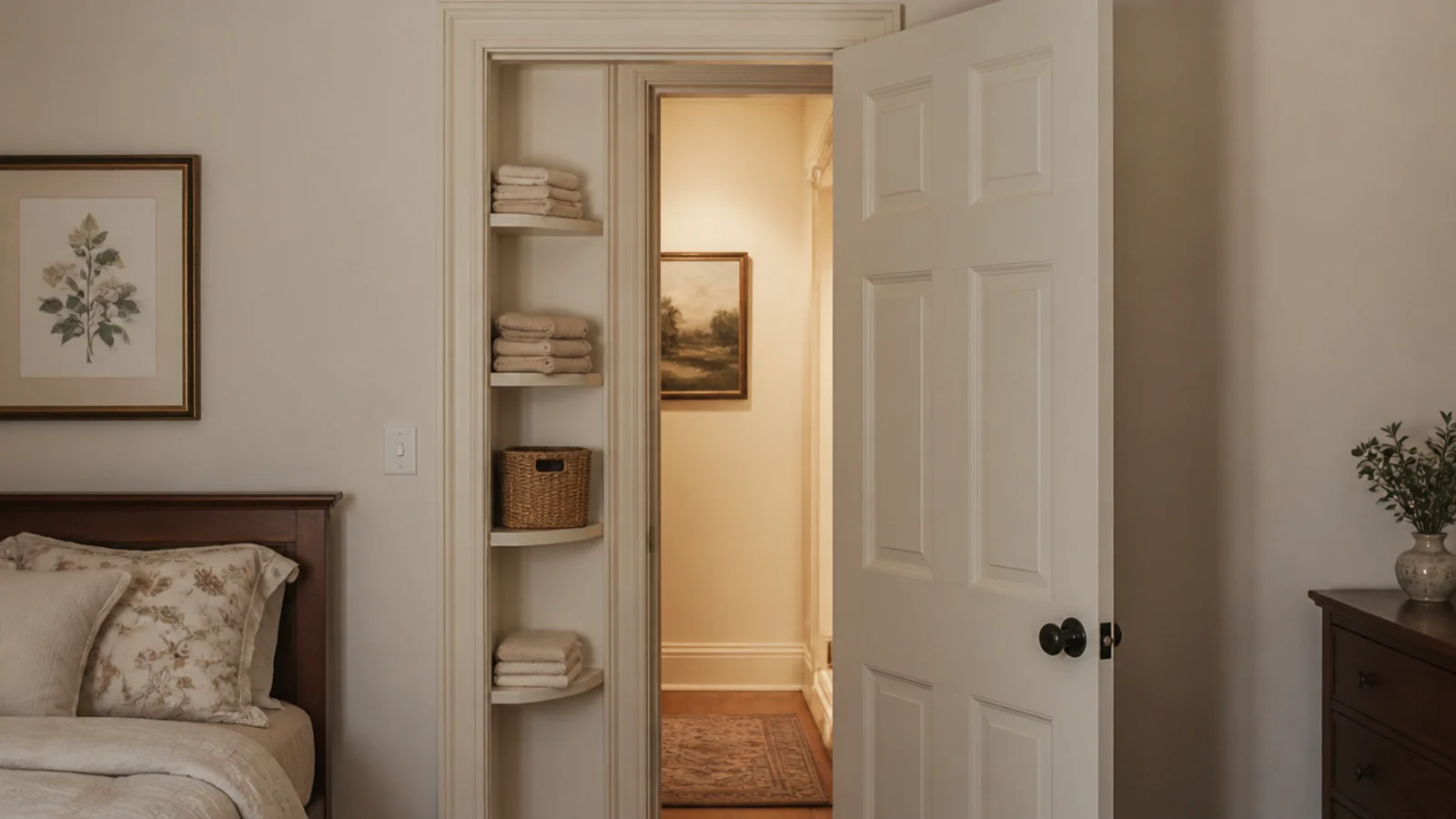shallow cream corner shelves behind an open bedroom door holding linens
