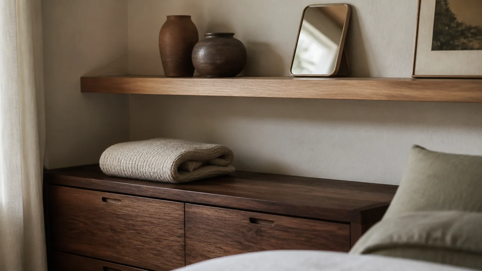 corner shelf mounted above a walnut dresser holding pottery and a mirror