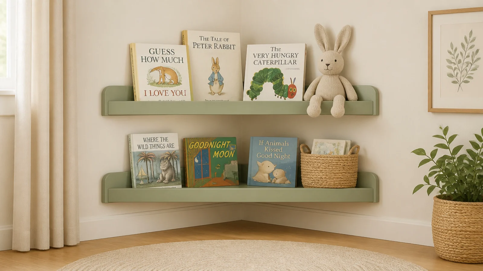 low sage painted corner shelves in a nursery holding books and soft toys