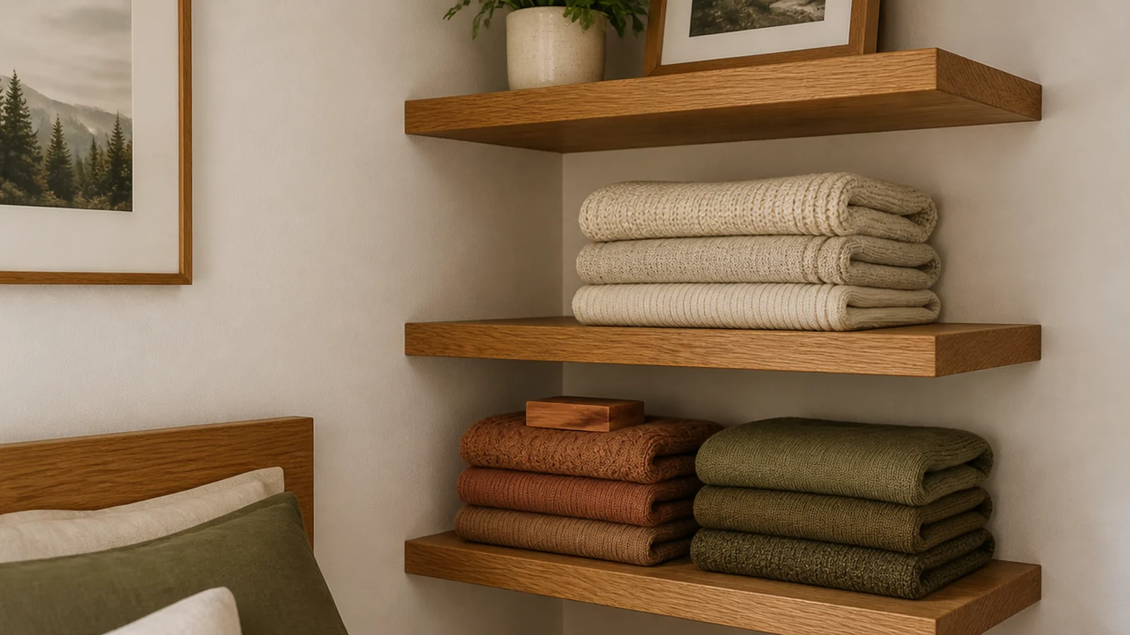 neatly folded knit sweaters stacked on open wooden corner shelves