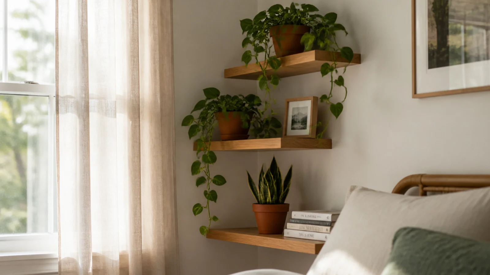 corner shelves of trailing plants beside a bright bedroom window