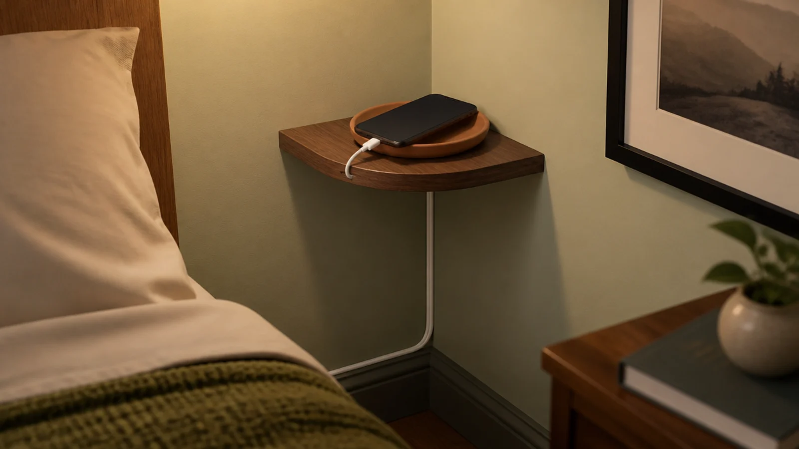 bedside corner shelf with a phone charging and the cable routed neatly
