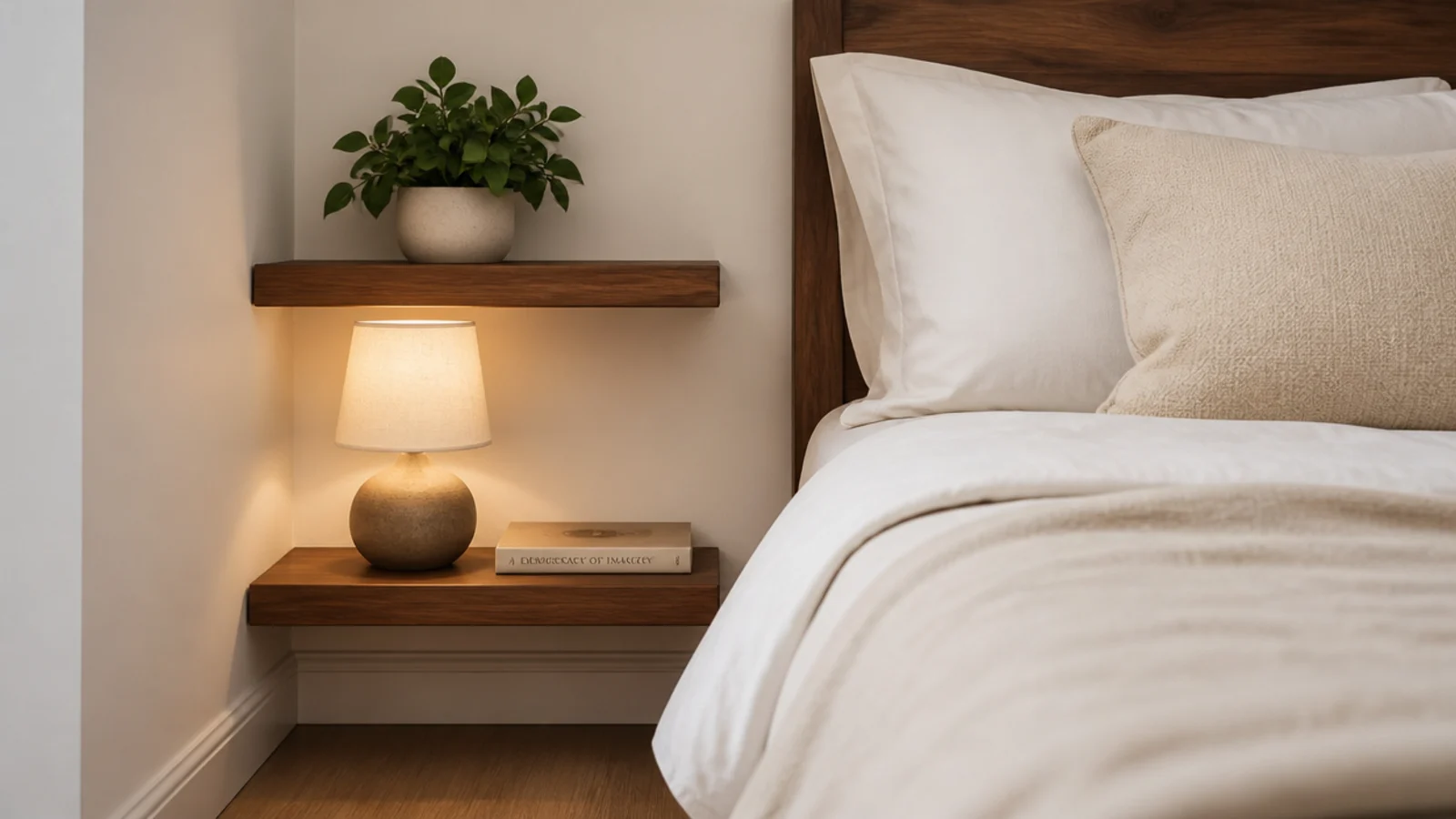 two stacked corner shelves replacing a nightstand in a tight bedroom