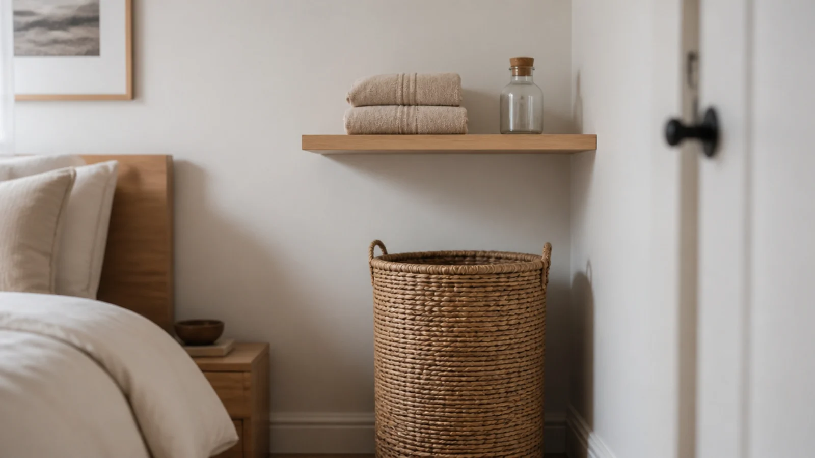 corner shelf above a woven laundry basket holding folded towels
